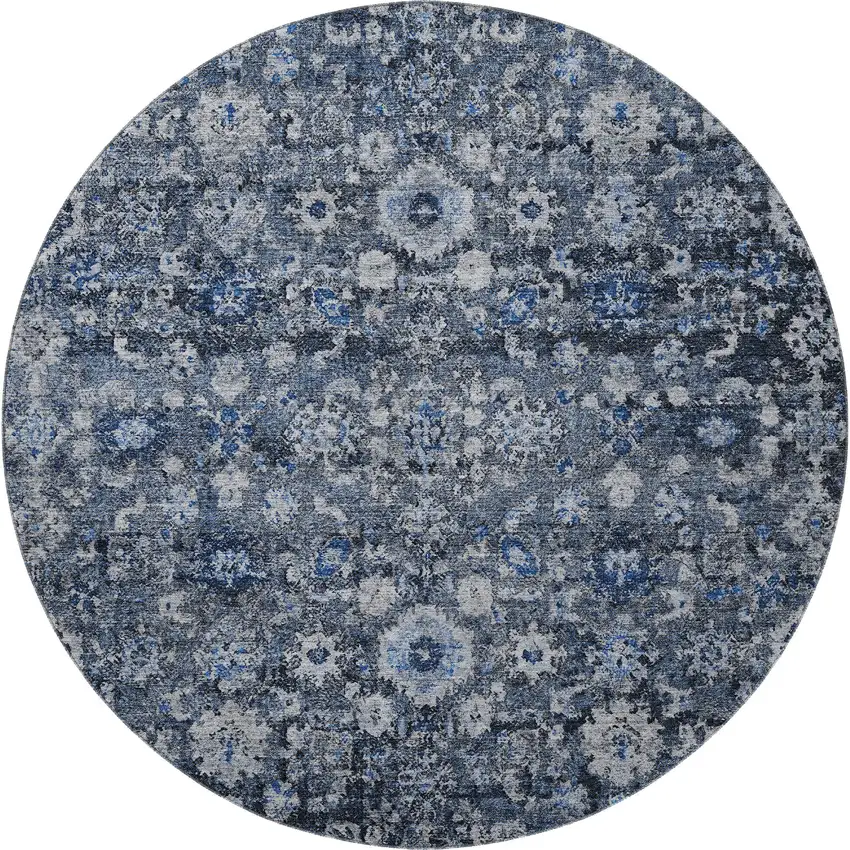 8' Blue And Ivory Oriental Washable Round Rug With UV Protection Photo 4