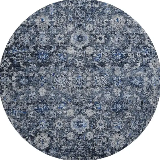 8' Blue And Ivory Oriental Washable Round Rug With UV Protection Photo 3