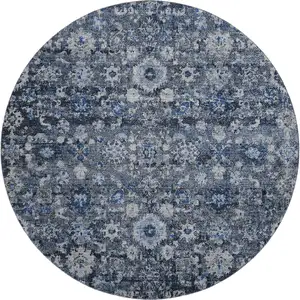 Photo of 8' Blue And Ivory Oriental Washable Round Rug With UV Protection