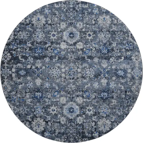 8' Blue And Ivory Oriental Washable Round Rug With UV Protection Photo 1
