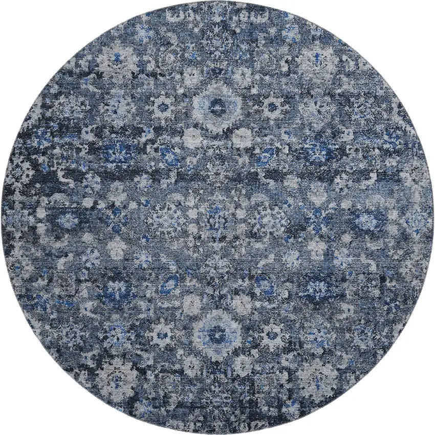 8' Blue And Ivory Oriental Washable Round Rug With UV Protection Photo 1
