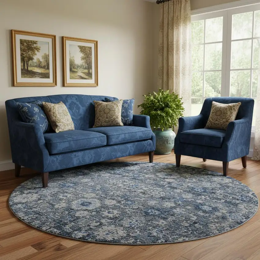 8' Blue And Ivory Oriental Washable Round Rug With UV Protection Photo 1