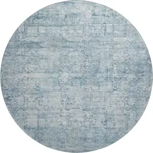 Photo of 8' Blue And Ivory Oriental Washable Round Rug With UV Protection
