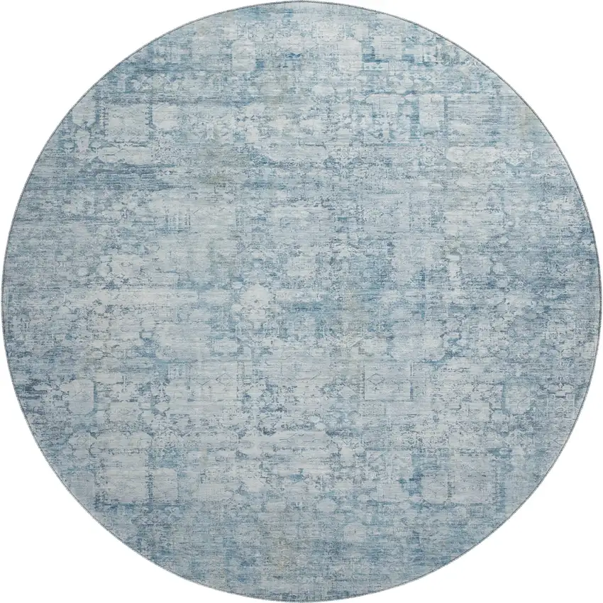 8' Blue And Ivory Oriental Washable Round Rug With UV Protection Photo 1