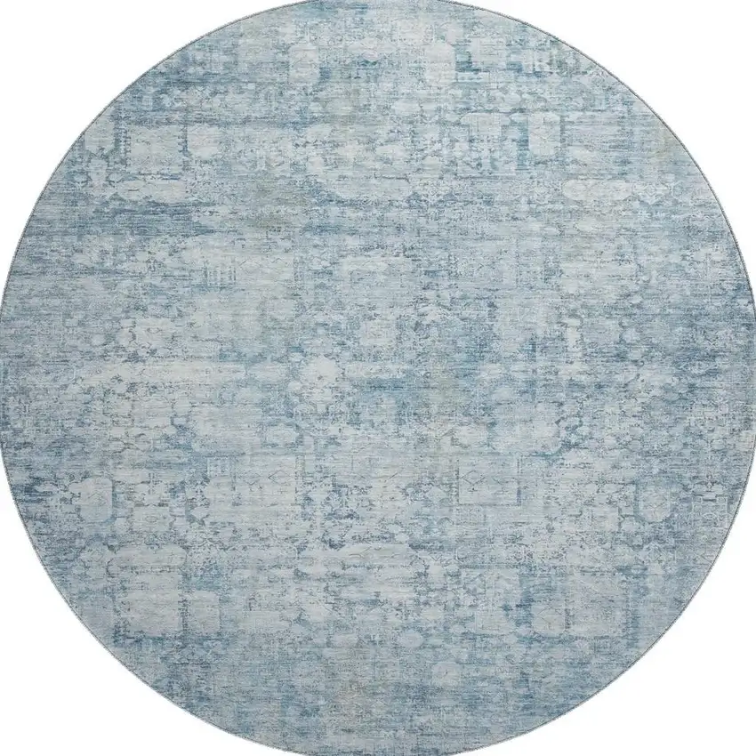 8' Blue And Ivory Oriental Washable Round Rug With UV Protection Photo 3