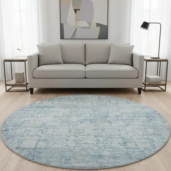 8' Blue And Ivory Oriental Washable Round Rug With UV Protection Photo 2