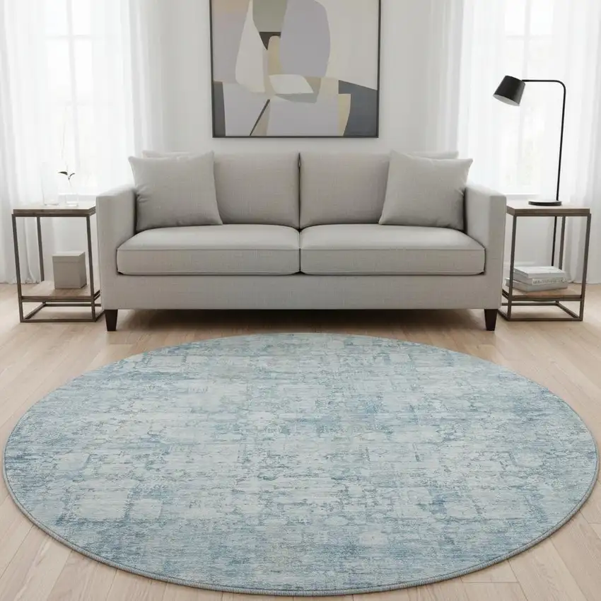 8' Blue And Ivory Oriental Washable Round Rug With UV Protection Photo 2