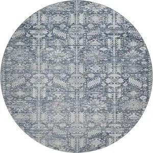Photo of 8' Blue And Ivory Oriental Washable Round Rug With UV Protection