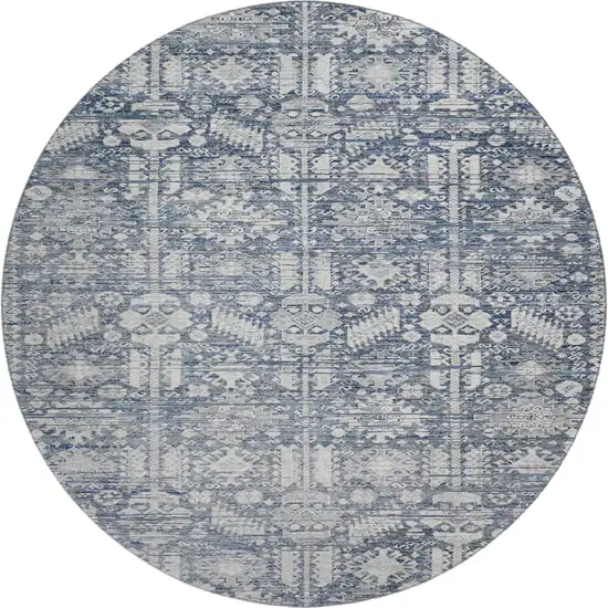 8' Blue And Ivory Oriental Washable Round Rug With UV Protection Photo 1