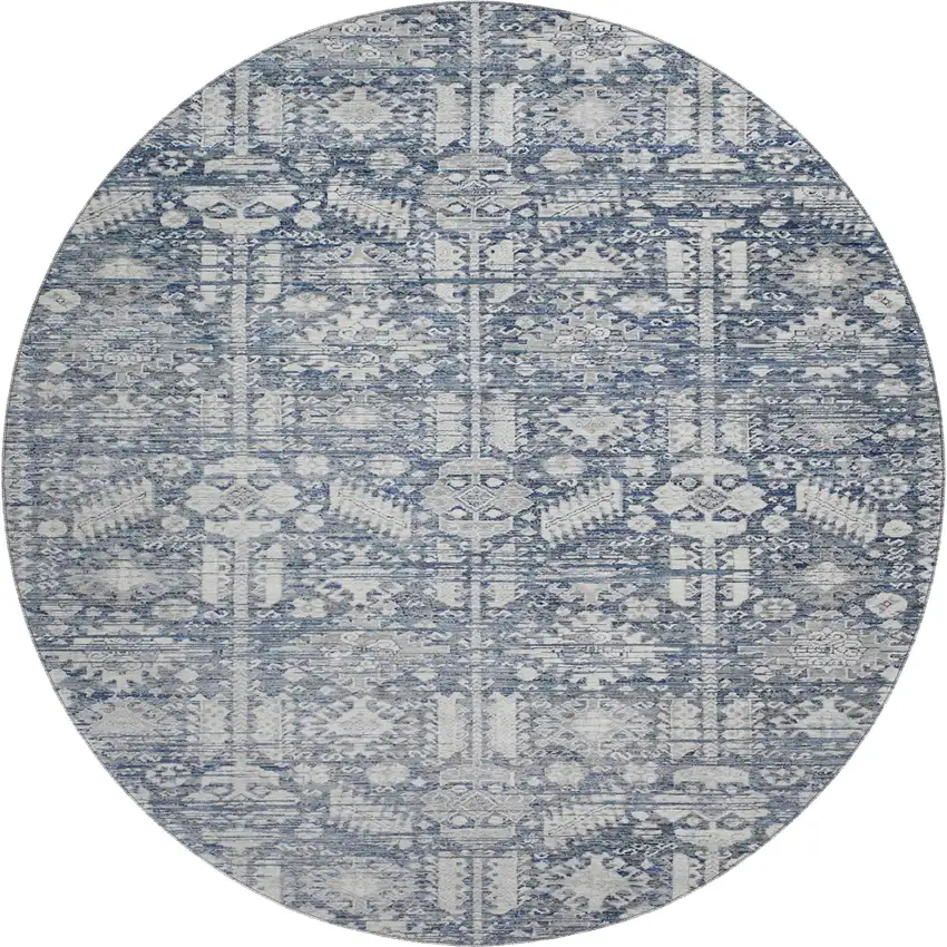 8' Blue And Ivory Oriental Washable Round Rug With UV Protection Photo 1