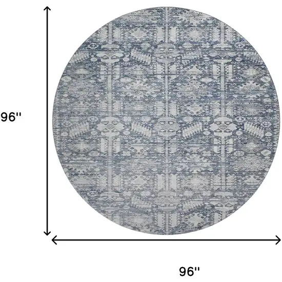 8' Blue And Ivory Oriental Washable Round Rug With UV Protection Photo 9