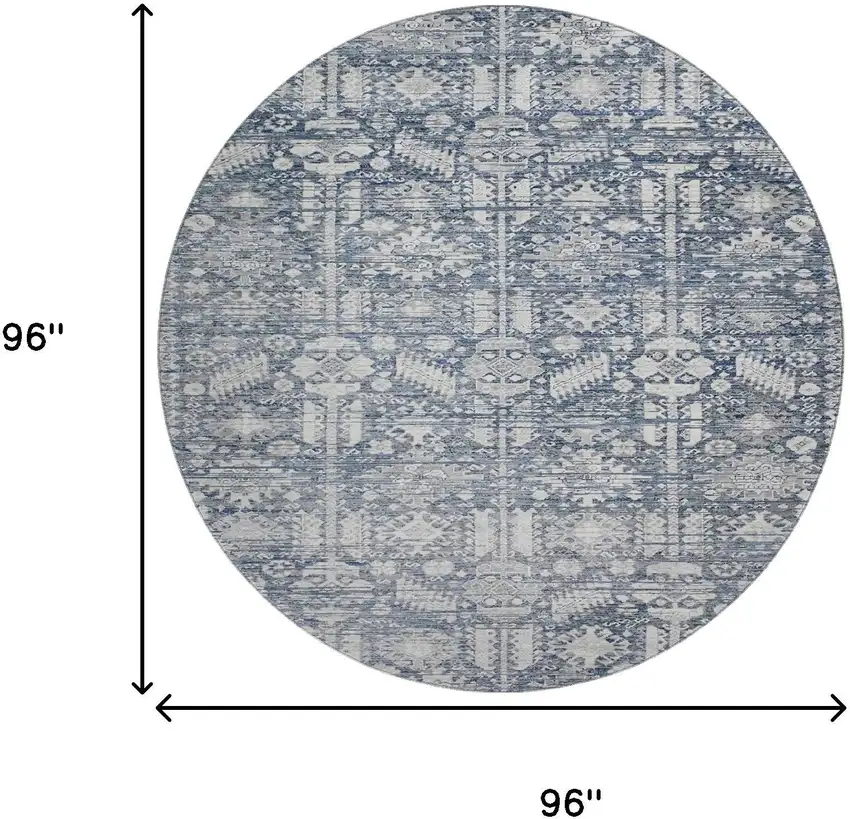 8' Blue And Ivory Oriental Washable Round Rug With UV Protection Photo 9