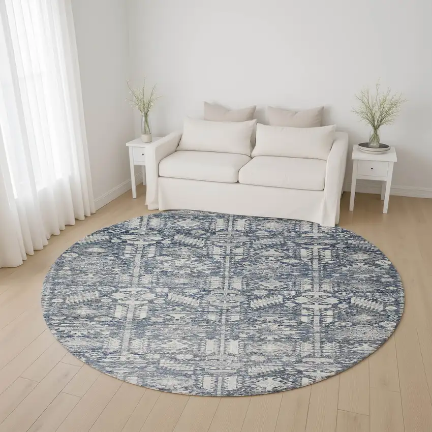 8' Blue And Ivory Oriental Washable Round Rug With UV Protection Photo 4