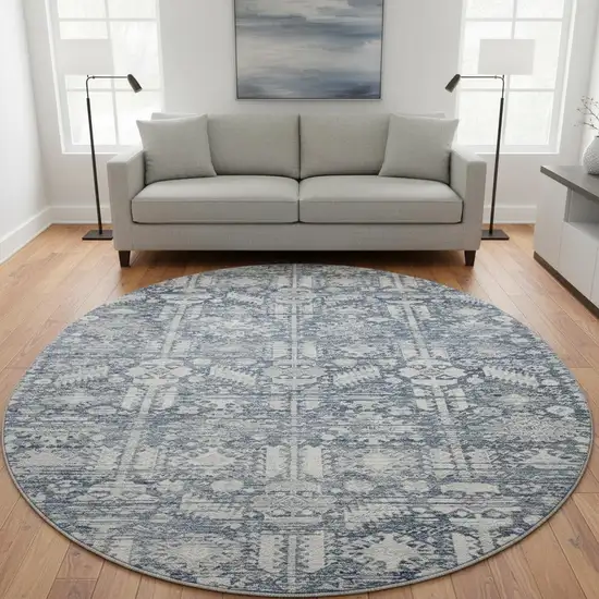 8' Blue And Ivory Oriental Washable Round Rug With UV Protection Photo 2