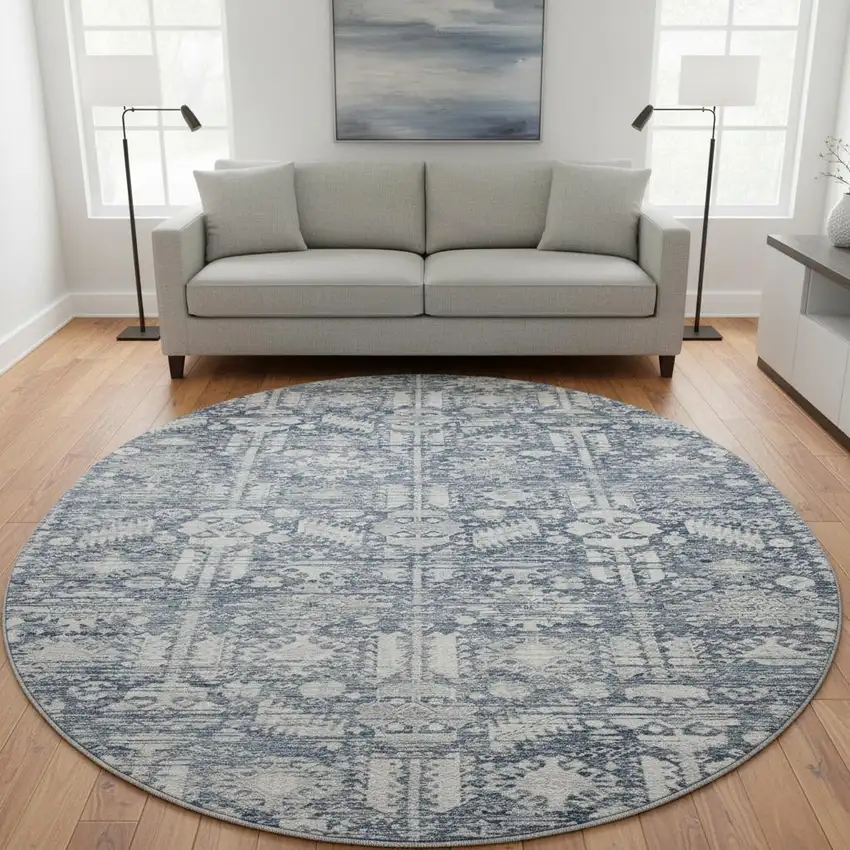 8' Blue And Ivory Oriental Washable Round Rug With UV Protection Photo 2