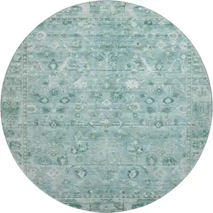 Photo of 8' Blue And Ivory Oriental Washable Round Rug With UV Protection