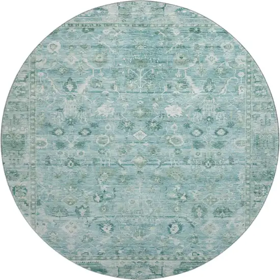 8' Blue And Ivory Oriental Washable Round Rug With UV Protection Photo 1
