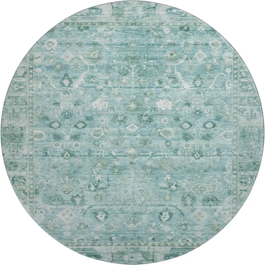 8' Blue And Ivory Oriental Washable Round Rug With UV Protection Photo 1