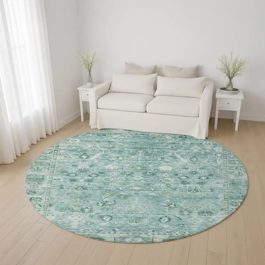 8' Blue And Ivory Oriental Washable Round Rug With UV Protection Photo 4