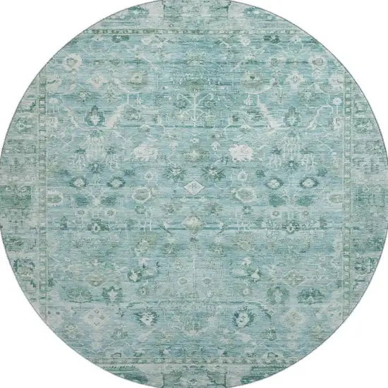 8' Blue And Ivory Oriental Washable Round Rug With UV Protection Photo 2