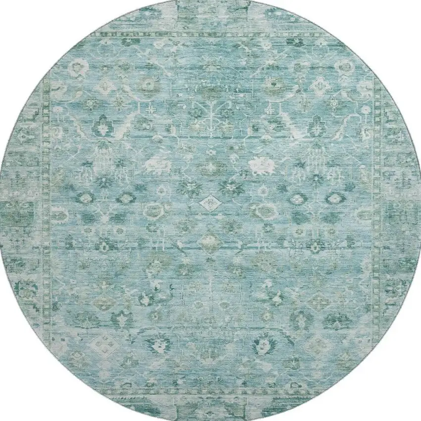 8' Blue And Ivory Oriental Washable Round Rug With UV Protection Photo 2