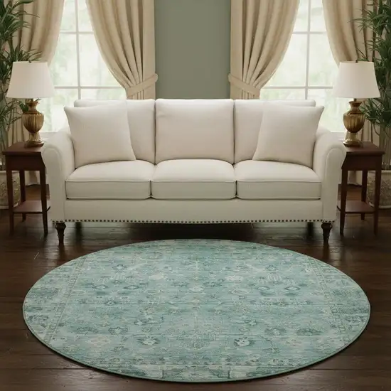 8' Blue And Ivory Oriental Washable Round Rug With UV Protection Photo 2