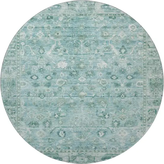 8' Blue And Ivory Oriental Washable Round Rug With UV Protection Photo 3