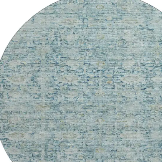 8' Blue And Ivory Oriental Washable Round Rug With UV Protection Photo 2