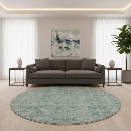 8' Blue And Ivory Oriental Washable Round Rug With UV Protection Photo 2