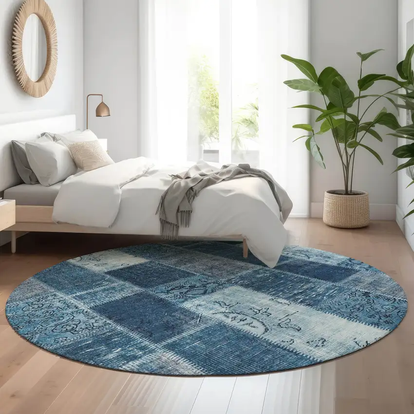 8' Blue And Ivory Patchwork Washable Round Rug With UV Protection Photo 5