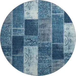 Photo of 8' Blue And Ivory Patchwork Washable Round Rug With UV Protection