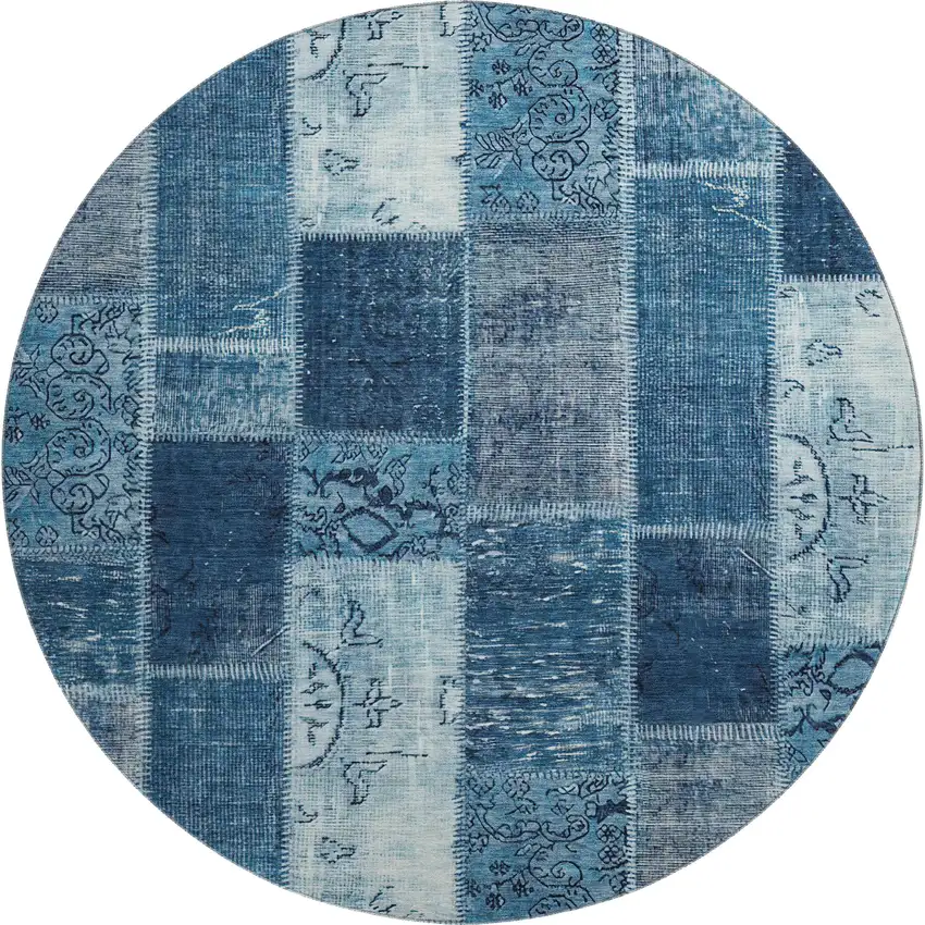 8' Blue And Ivory Patchwork Washable Round Rug With UV Protection Photo 1