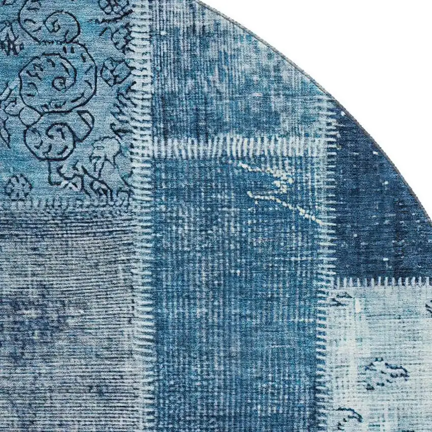 8' Blue And Ivory Patchwork Washable Round Rug With UV Protection Photo 3