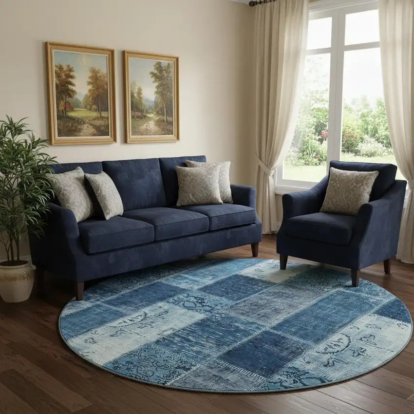 8' Blue And Ivory Patchwork Washable Round Rug With UV Protection Photo 1