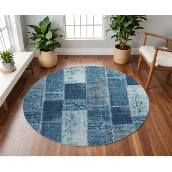 8' Blue And Ivory Patchwork Washable Round Rug With UV Protection Photo 2