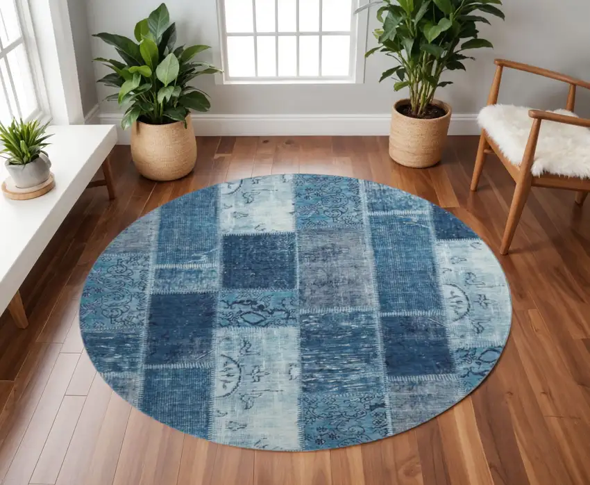 8' Blue And Ivory Patchwork Washable Round Rug With UV Protection Photo 2