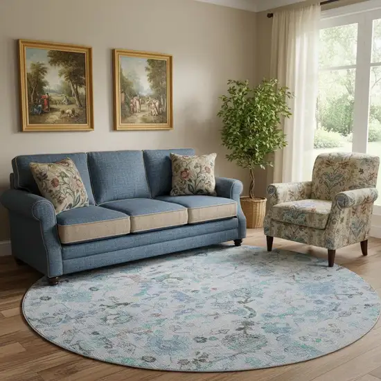 8' Blue And Ivory Patchwork Washable Round Rug With UV Protection Photo 2