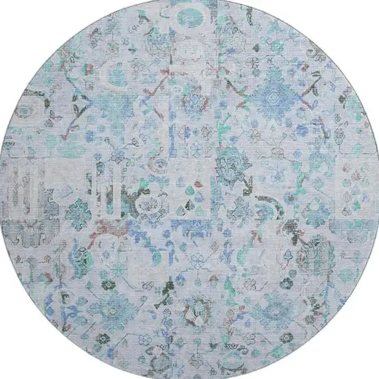 8' Blue And Ivory Patchwork Washable Round Rug With UV Protection Photo 4