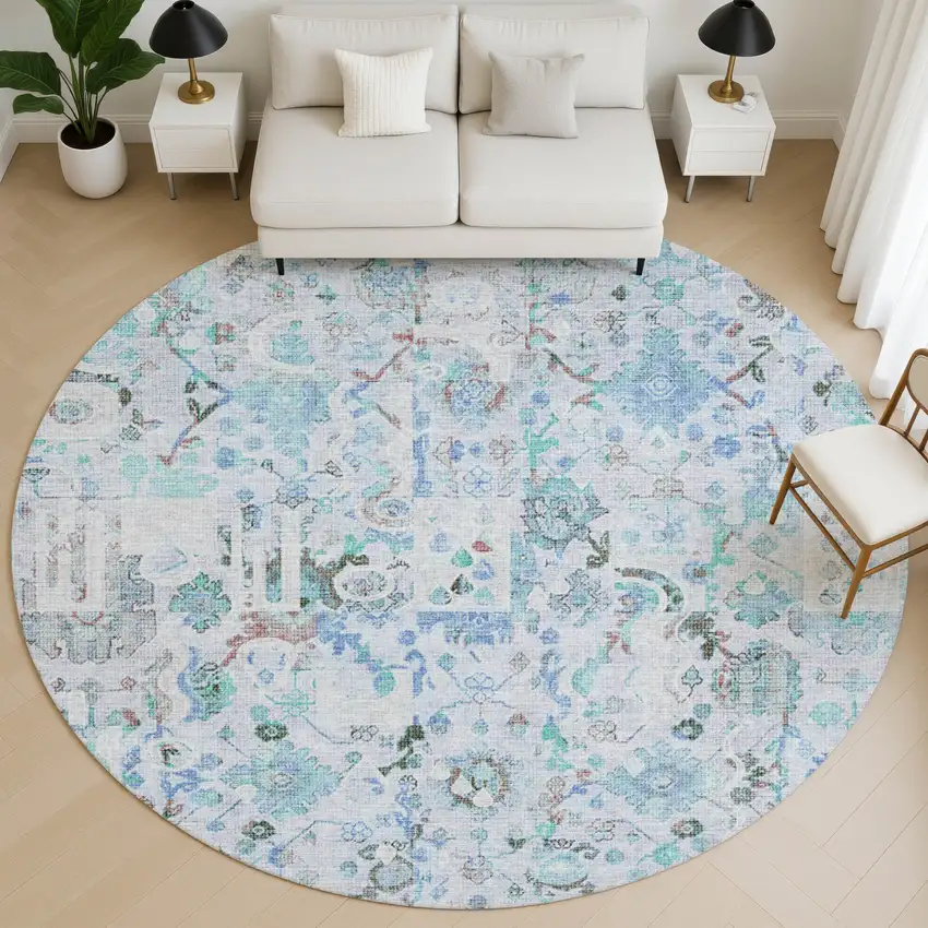 8' Blue And Ivory Patchwork Washable Round Rug With UV Protection Photo 5