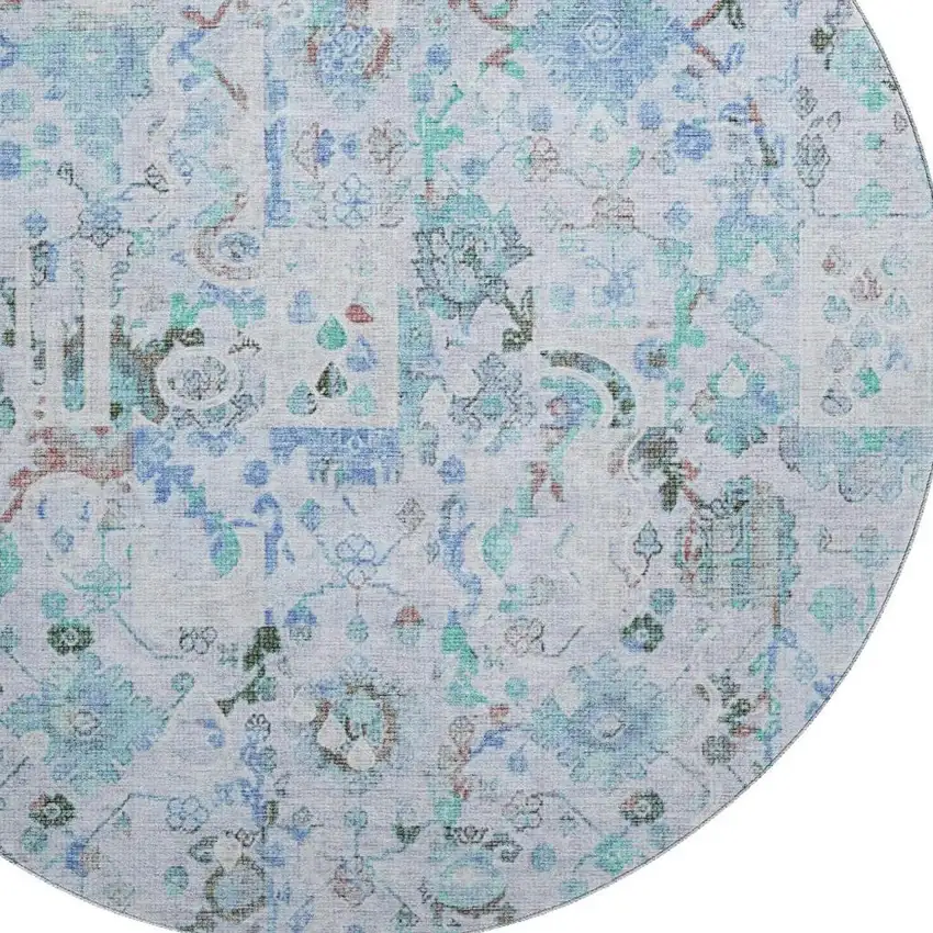 8' Blue And Ivory Patchwork Washable Round Rug With UV Protection Photo 3
