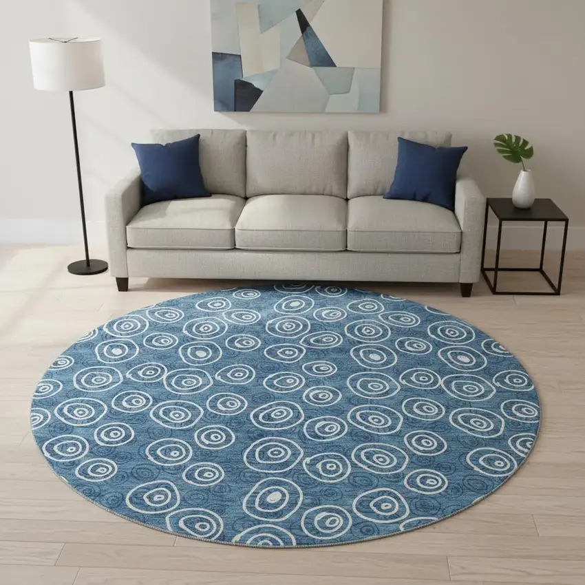 8' Blue And Ivory Polka Dot Washable Round Rug With UV Protection Photo 2