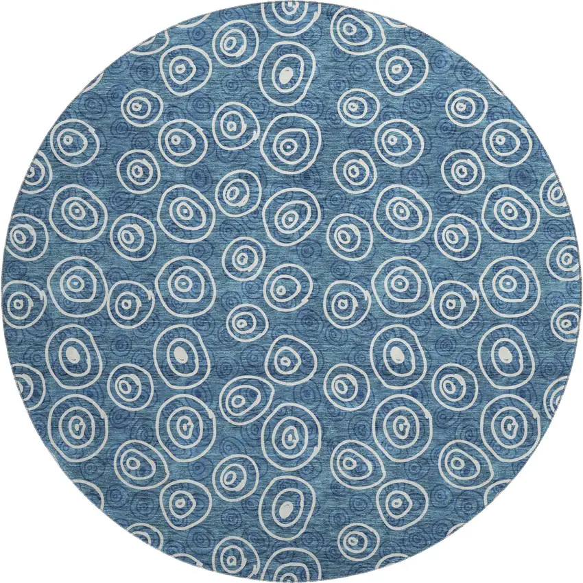 8' Blue And Ivory Polka Dot Washable Round Rug With UV Protection Photo 2