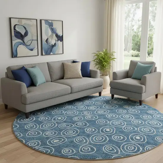 8' Blue And Ivory Polka Dot Washable Round Rug With UV Protection Photo 1