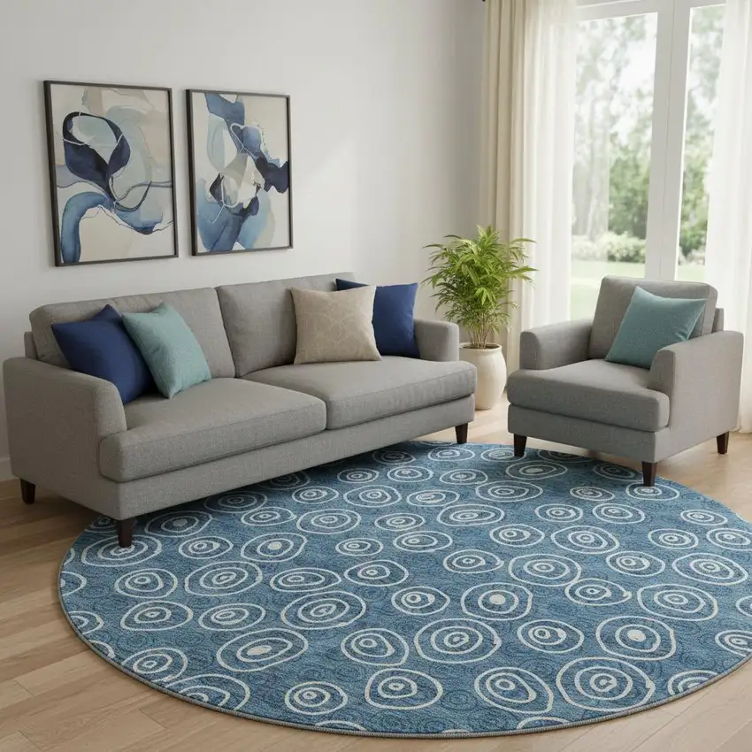 8' Blue And Ivory Polka Dot Washable Round Rug With UV Protection Photo 1