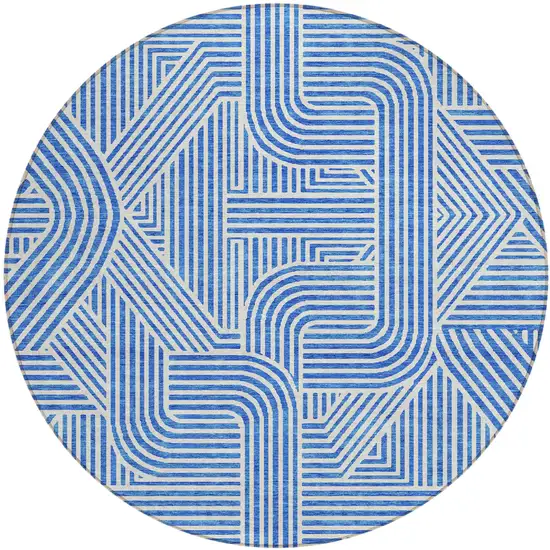 8' Blue And Ivory Round Abstract Washable Indoor Outdoor Area Rug Photo 2
