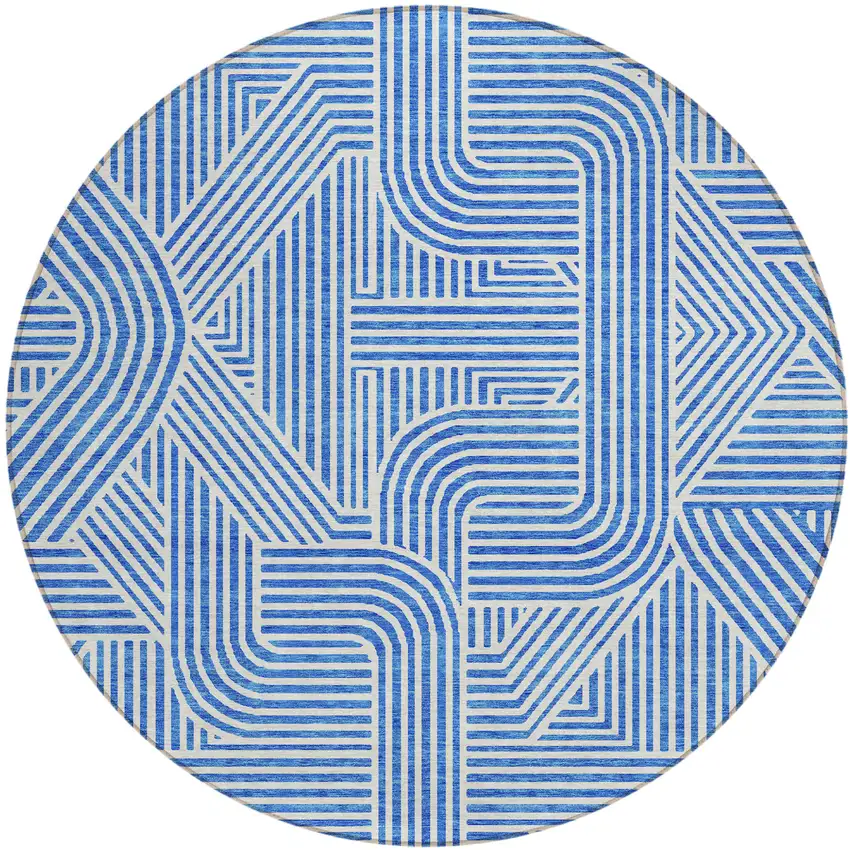 8' Blue And Ivory Round Abstract Washable Indoor Outdoor Area Rug Photo 2