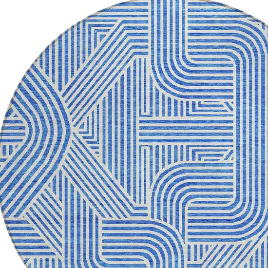 8' Blue And Ivory Round Abstract Washable Indoor Outdoor Area Rug Photo 4
