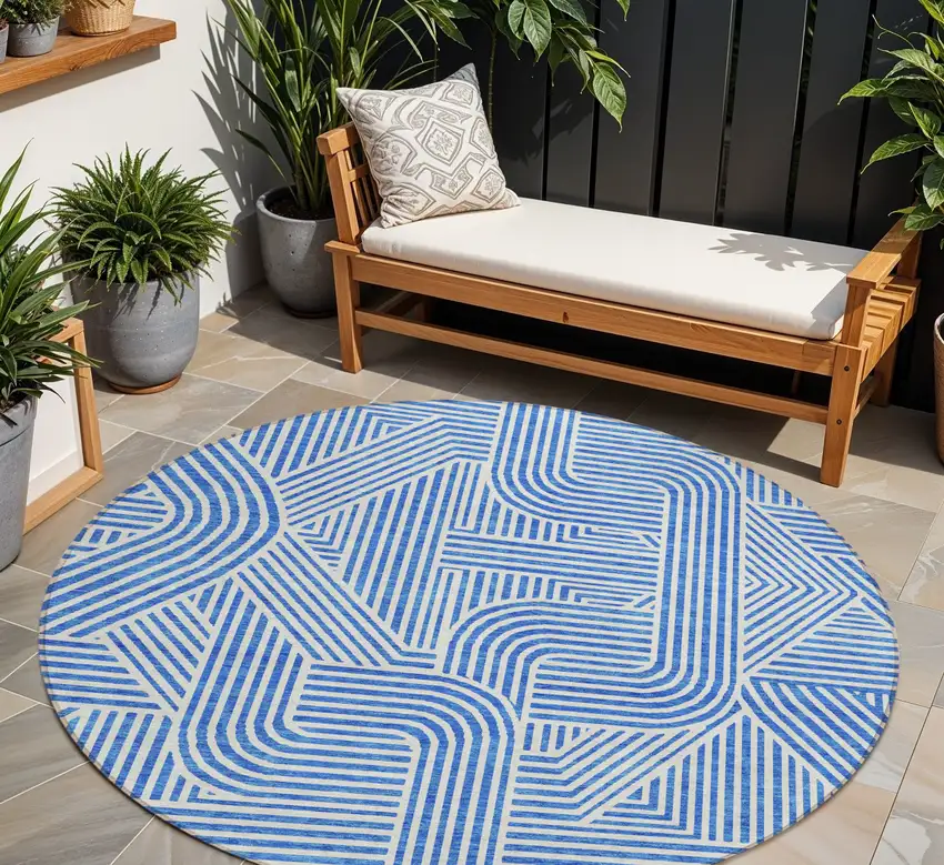 8' Blue And Ivory Round Abstract Washable Indoor Outdoor Area Rug Photo 1