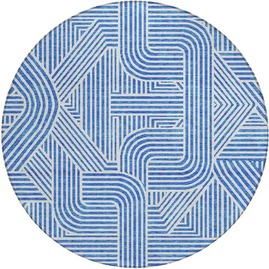 8' Blue And Ivory Round Abstract Washable Indoor Outdoor Area Rug Photo 5