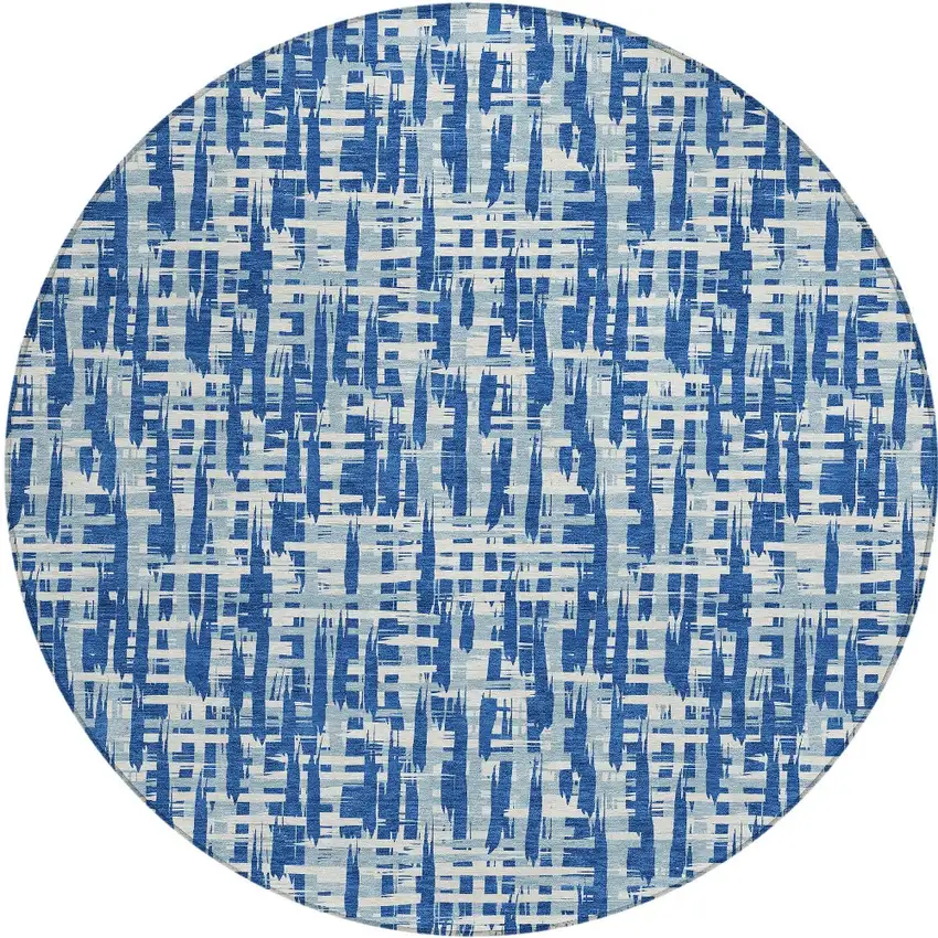8' Blue And Ivory Round Abstract Washable Indoor Outdoor Area Rug Photo 6